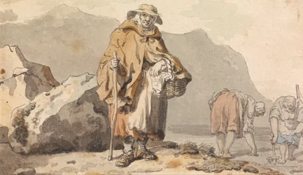 Eine alte Fischerin mit zwei Frauen, die nach Ködern graben